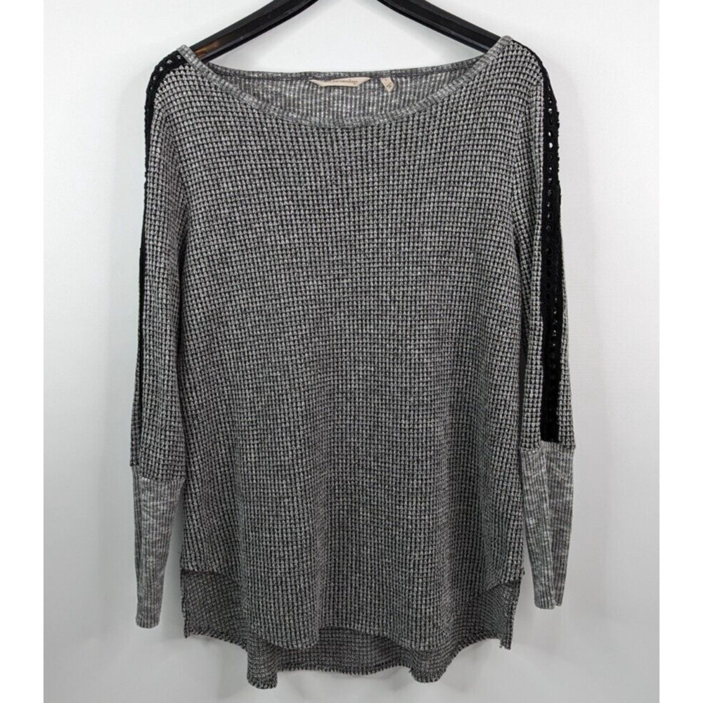 Soft Surroundings Womens L Bailey Waffle Knit Crochet Trim Longline Grey Sweater
